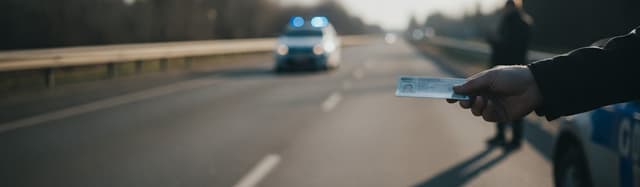 contrôle routier de jour, gyrophare bleu flou en arrière-plan, main tendant un document, aucune plaque ni visage lisible
