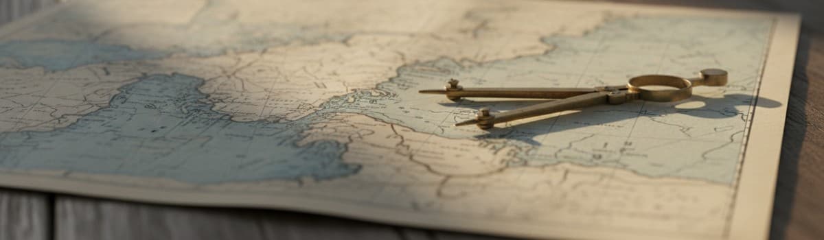 plan large d'une carte marine papier posée à plat sur une table de navigation, un compas à pointes sèches ouvert posé de