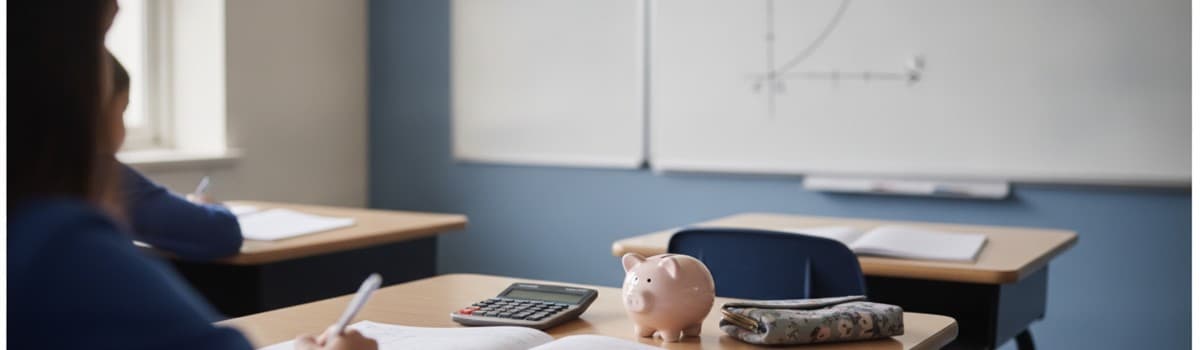 scène éditoriale sobre d'une salle de classe de collège vue de trois quarts, un tableau blanc au fond avec un graphique