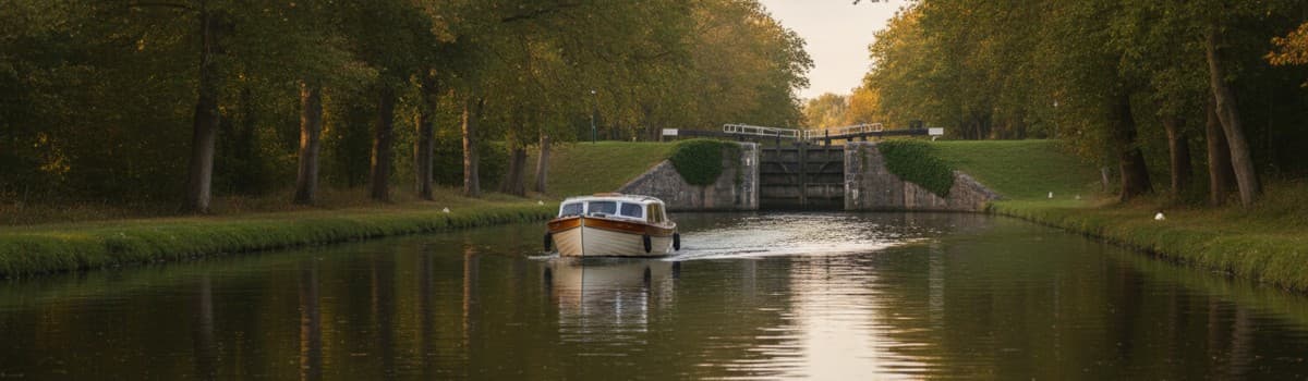 petit bateau de plaisance à moteur naviguant sur un canal bordé d'arbres, écluse en pierre visible au second plan, lumiè