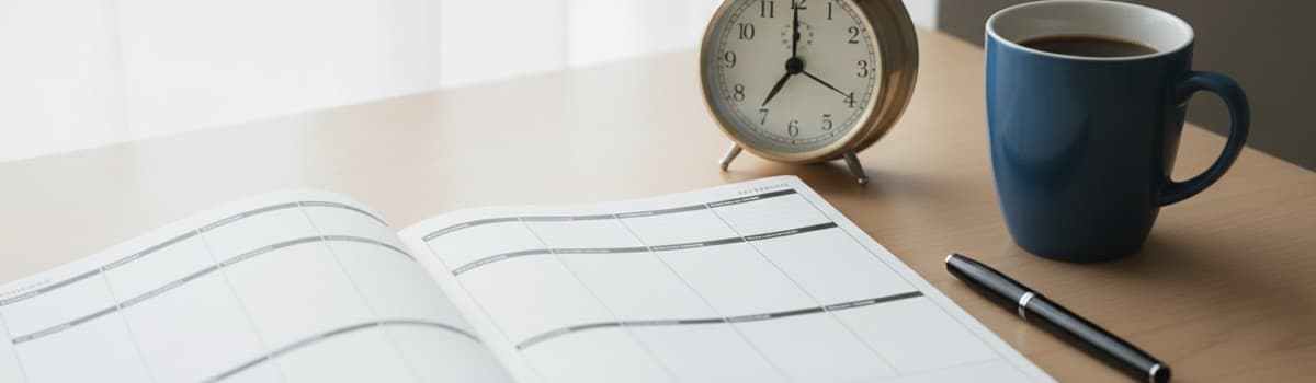 plan rapproché d'un bureau de travail en début de matinée, agenda papier ouvert sur une double page hebdomadaire, réveil