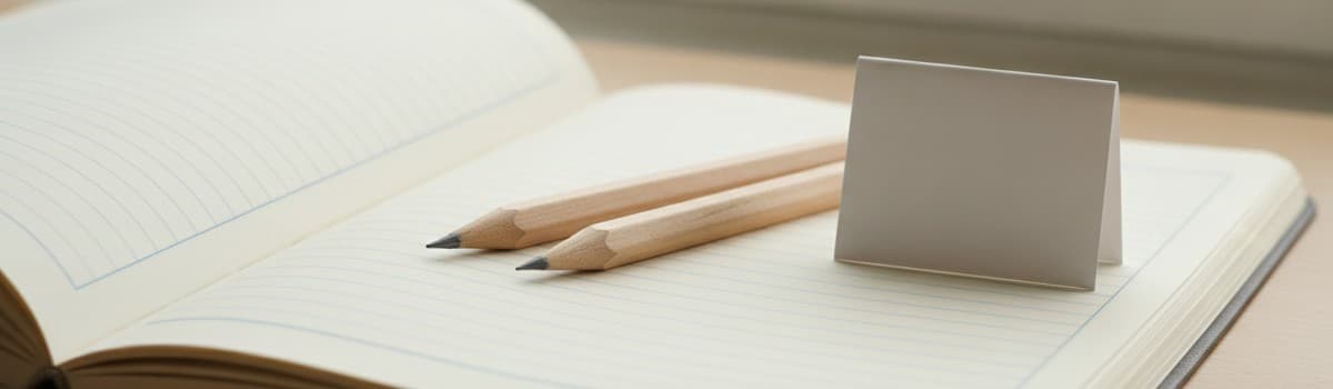 deux crayons de bois posés côte à côte sur un cahier ouvert, l'un taillé, l'autre neuf, à côté d'une petite pancarte bla