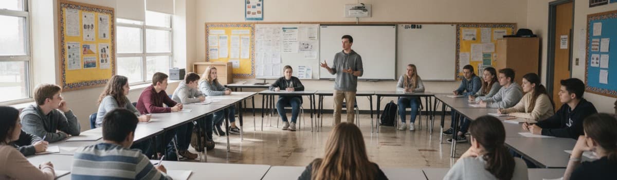 une salle de classe de lycée en configuration de débat, tables disposées en cercle ou en U, une quinzaine d'élèves de te