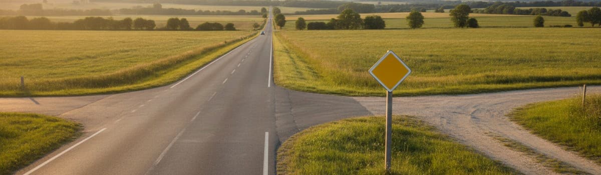 route départementale rectiligne en campagne, intersection avec un chemin secondaire sur la droite, panneau losange jaune