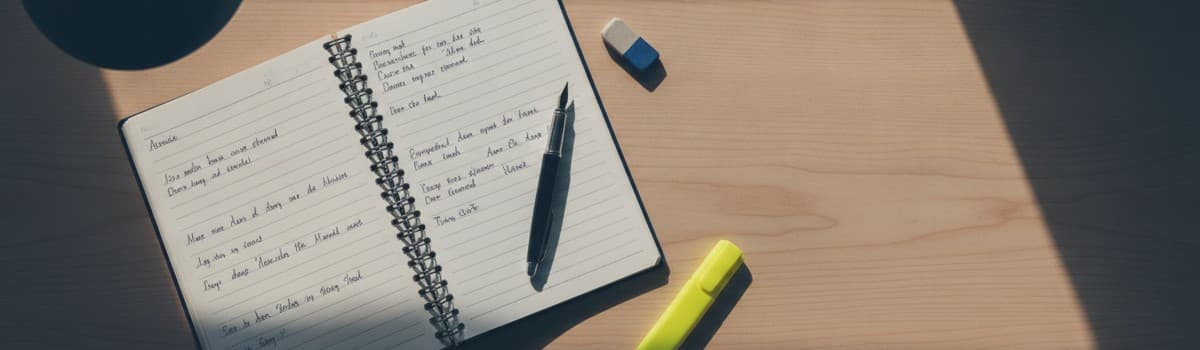 vue en plongée d'un bureau d'étudiant en fin de journée, cahier à spirale ouvert sur une page d'exercices manuscrits, st