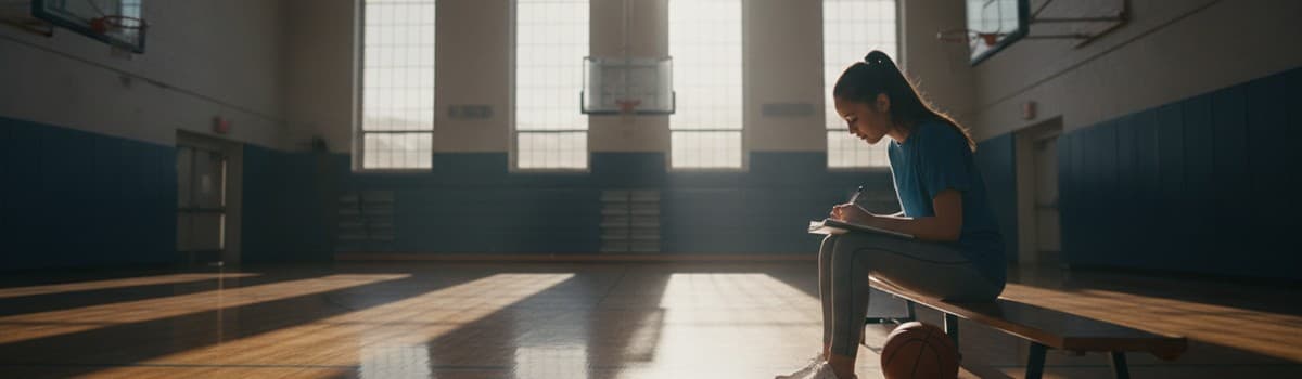 un gymnase de lycée en fin de journée, une lycéenne en tenue de sport assise sur un banc, un cahier ouvert sur les genou