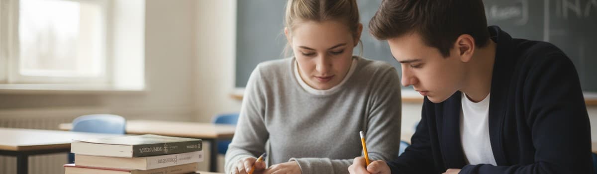 une salle de classe de lycée en fin de matinée, deux lycéens penchés sur un texte photocopié annoté au crayon, une pile