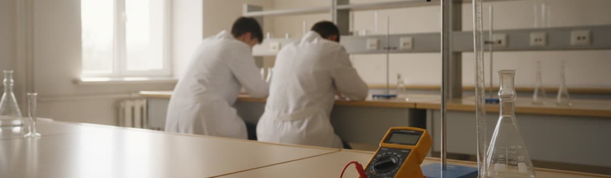 un laboratoire de physique-chimie de lycée en fin de matinée, vue en plan large et documentaire, paillasses en bois clai