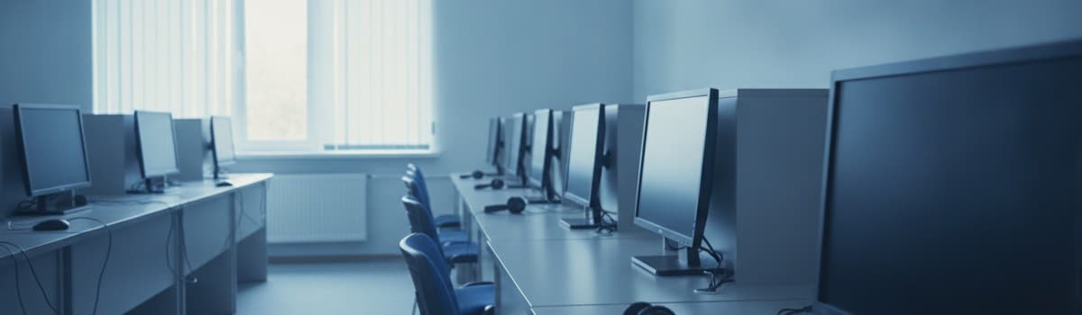 une salle d'examen de langue claire et ordonnée, postes informatiques alignés, un casque audio posé sur une table, une c