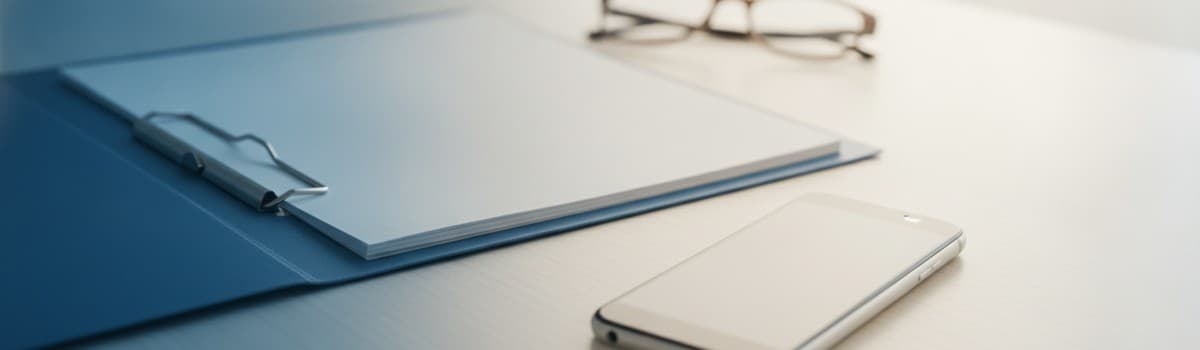 plan rapproché d'un bureau clair avec un dossier administratif ouvert, un smartphone posé à côté affichant un écran neut