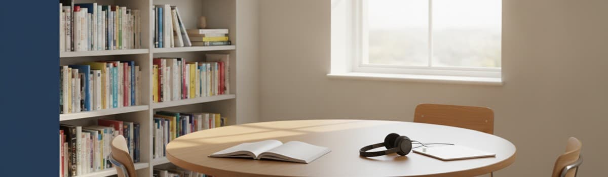 scène éditoriale sobre, une petite salle de collège lumineuse avec une grande table ronde, quelques chaises, des cahiers