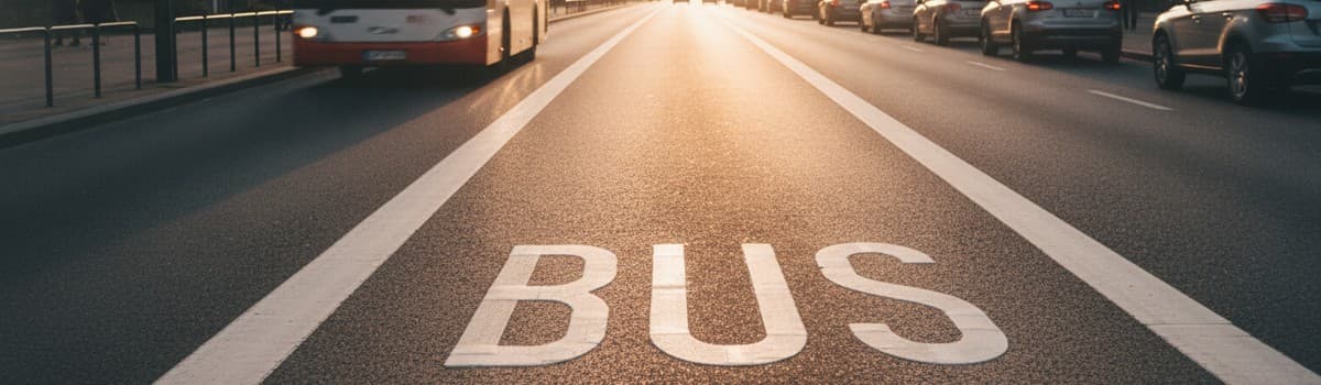 avenue urbaine en perspective, couloir de bus séparé par une large ligne blanche, inscription BUS peinte au sol, bus flo