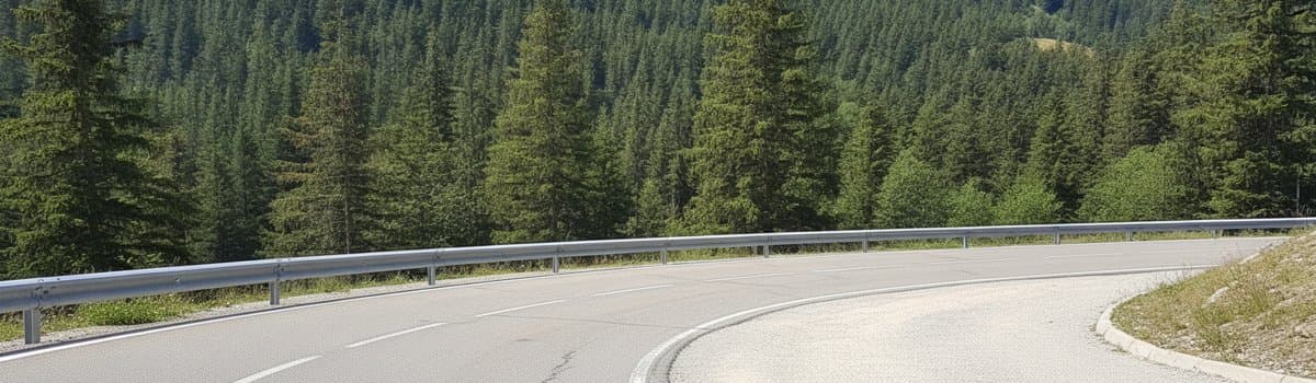 vue large d'une route de montagne française en descente par temps clair, avec au premier plan à droite une rampe de grav