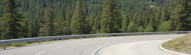 vue large d'une route de montagne française en descente par temps clair, avec au premier plan à droite une rampe de grav