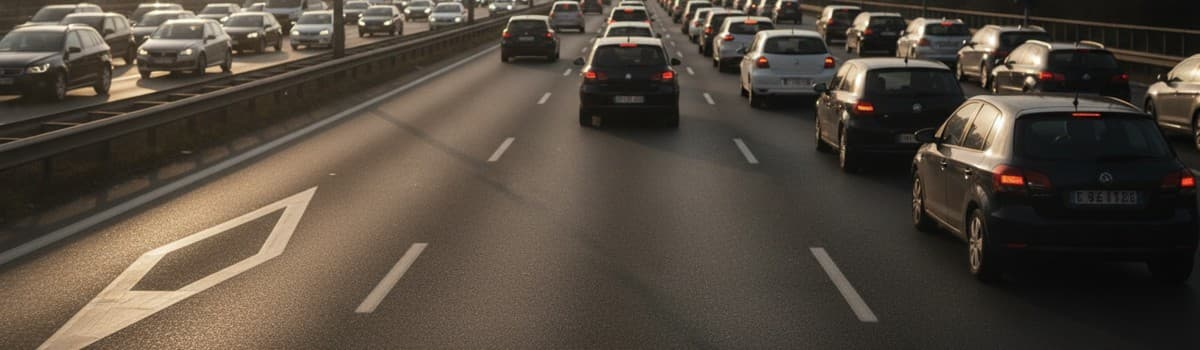 vue depuis le pare-brise d'une voiture sur une autoroute urbaine française à trois voies en heure de pointe, un grand lo