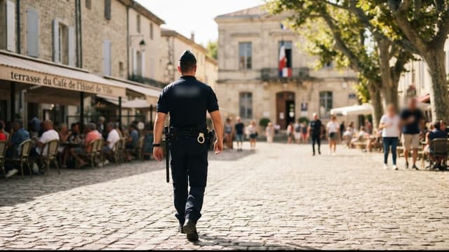 Policier municipal de dos marchant sur une place de centre-ville ensoleillée