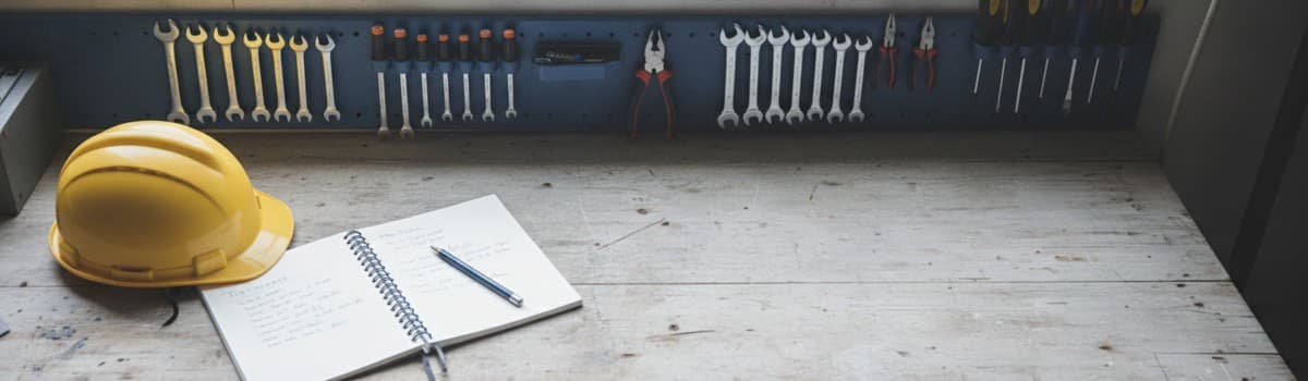 établi d'atelier vu de dessus avec outils rangés, carnet de liaison ouvert et casque de chantier posé à côté, lumière na