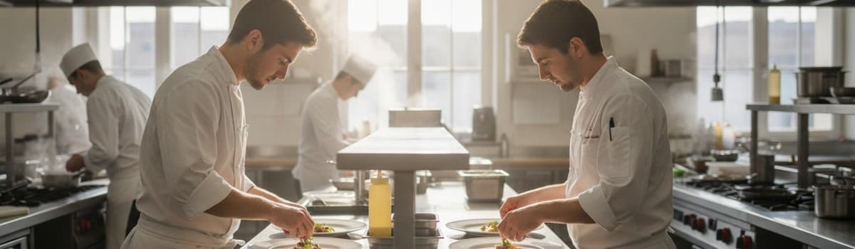la cuisine pédagogique d'un lycée hôtelier en fin de matinée, plan large documentaire, deux élèves de terminale en tenue