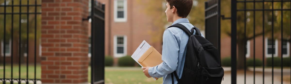 un élève de lycée, sac sur l'épaule, qui franchit le portail d'un établissement en début de matinée, vu de trois quarts