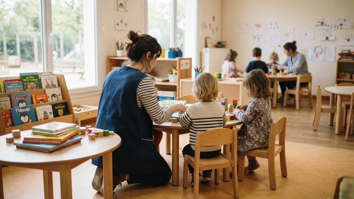 ATSEM accompagnant de petits enfants autour d'une table dans une classe de maternelle