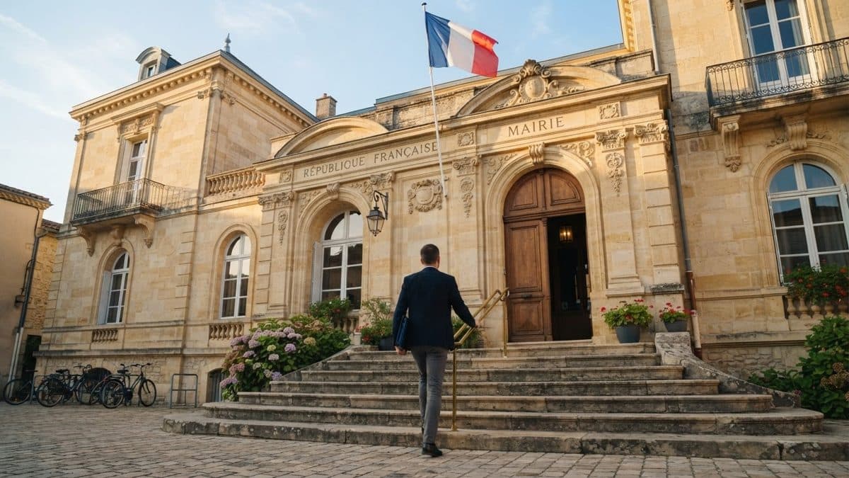 Un agent territorial monte les marches d'une mairie française, dossier sous le bras, pour préparer le concours d'attaché territorial