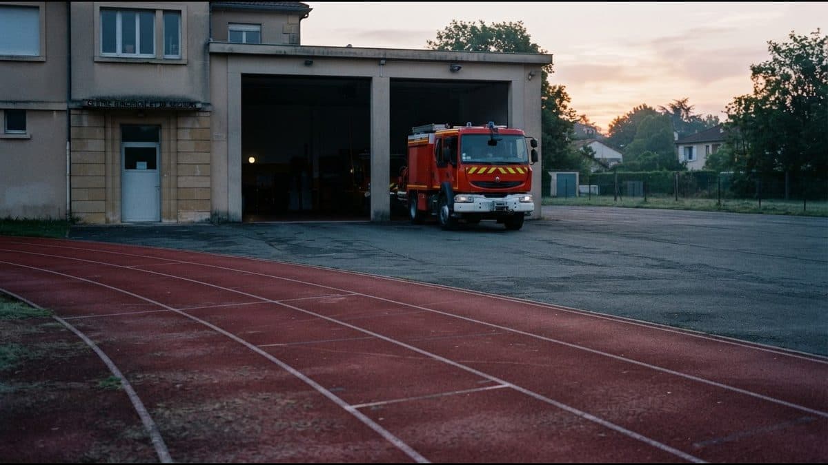 Caserne de sapeurs-pompiers avec un camion rouge au lever du jour devant une piste d'athlétisme