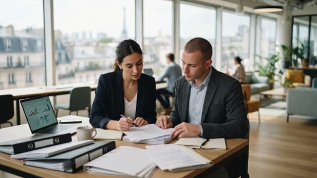 Deux personnes examinent des dossiers dans un bureau lumineux, pour préparer le concours des IRA