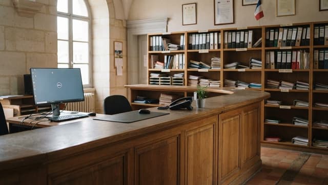 Guichet d'accueil vide d'une mairie, avec écran d'ordinateur et étagères de dossiers