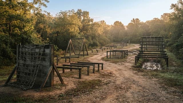 Parcours d'obstacles vide au lever du jour, avec filets, barres et murs en bois