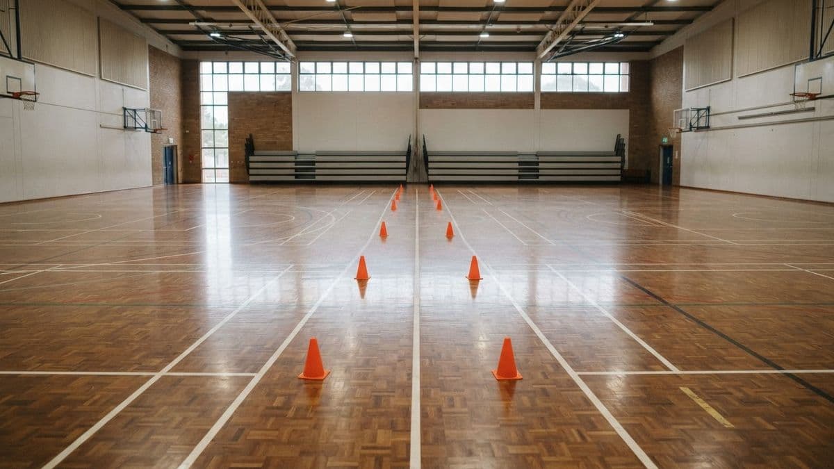 Gymnase vide avec plots orange alignés pour un test de course d'endurance