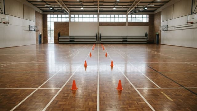Gymnase vide avec plots orange alignés pour un test de course d'endurance