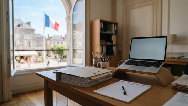 Bureau lumineux d'une mairie française avec dossiers, ordinateur portable et bloc-notes, drapeau tricolore visible par la fenêtre