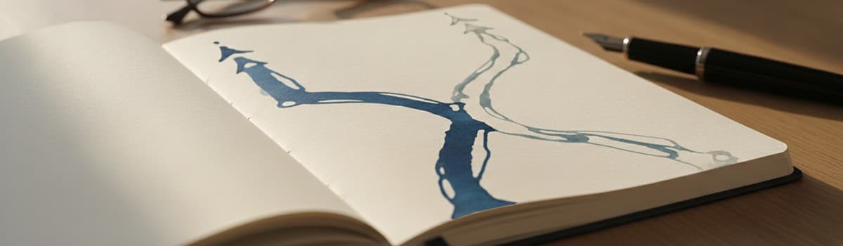 un carnet ouvert posé sur un bureau, avec un stylo plume et une paire de lunettes, lumière douce de fin de journée, une