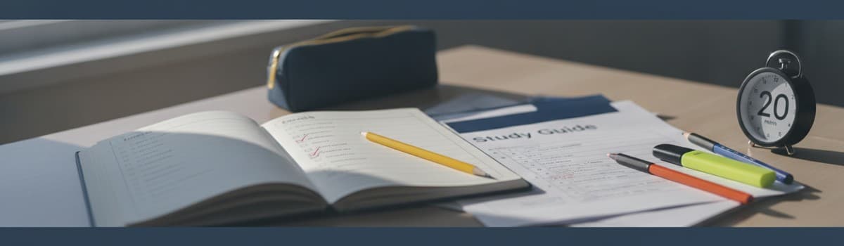 table de travail de collégien vue de trois quarts, cahier ouvert avec un tableau d'objectifs coché au crayon, fiche de c