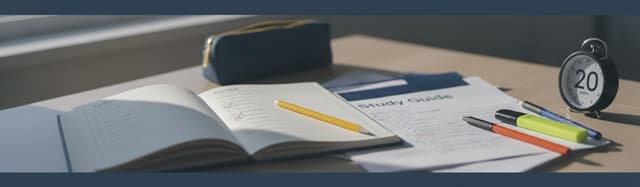 table de travail de collégien vue de trois quarts, cahier ouvert avec un tableau d'objectifs coché au crayon, fiche de c