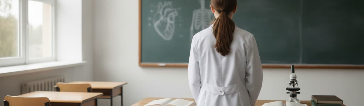 une lycéenne en blouse blanche d'atelier de santé, de dos, devant un tableau d'anatomie dans une salle de cours lumineus