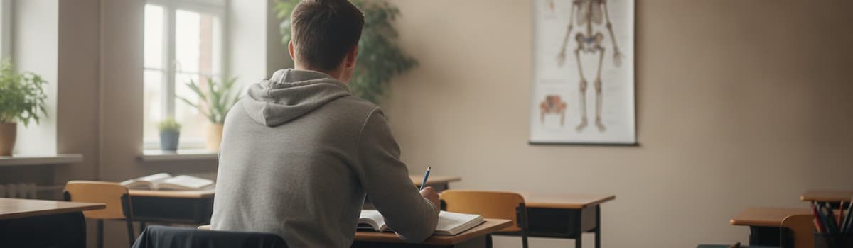 un lycéen de terminale dans une salle de cours lumineuse, de dos, qui observe un grand schéma du squelette et des articu