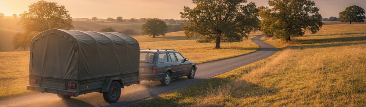 voiture tractant une remorque bâchée sur une route de campagne, vue de trois quarts arrière, lumière de fin de journée,