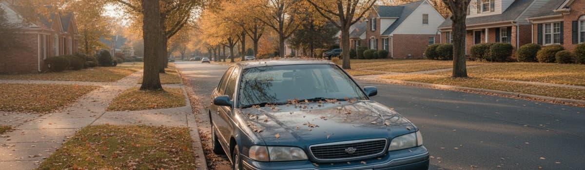 rue résidentielle vue d'un trottoir, une voiture garée le long du bord de chaussée avec quelques feuilles mortes et un p