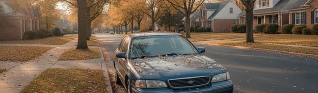 rue résidentielle vue d'un trottoir, une voiture garée le long du bord de chaussée avec quelques feuilles mortes et un p