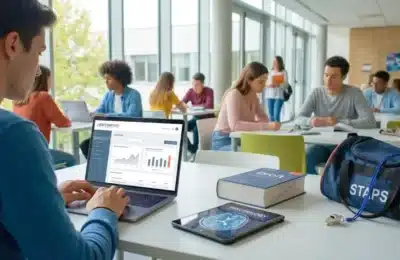 Étudiant sur Parcoursup entouré de livres de Droit, Psychologie et sac STAPS