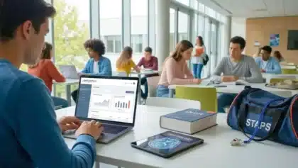 Étudiant sur Parcoursup entouré de livres de Droit, Psychologie et sac STAPS