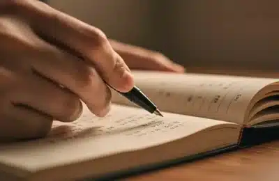 Gros plan d'une main écrivant avec un stylo plume dans un carnet ouvert sur un bureau en bois.