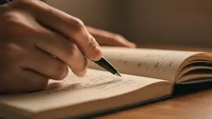 Gros plan d'une main écrivant avec un stylo plume dans un carnet ouvert sur un bureau en bois.