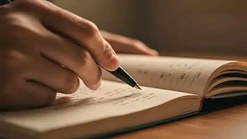 Gros plan d'une main écrivant avec un stylo plume dans un carnet ouvert sur un bureau en bois.