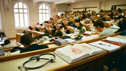 Amphithéâtre universitaire avec des étudiants passant un examen de première année de santé