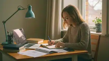 Étudiante concentrée travaillant à son bureau avec un ordinateur portable, des livres et des notes, illustrant une méthode de travail efficace