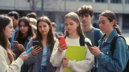 Groupe de lycéens regardant leur téléphone portable dans la cour d’un établissement scolaire, illustrant l’usage du smartphone chez les adolescents