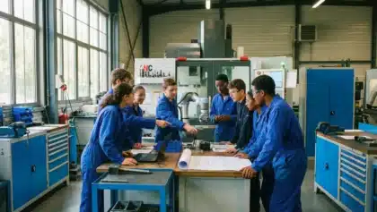 Élèves de lycée professionnel travaillant ensemble sur un équipement technique en atelier