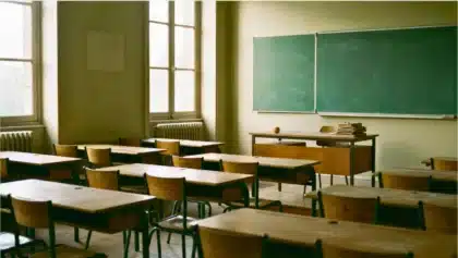 Une salle de classe vide avec un bureau d'enseignant inoccupé, symbolisant les suppressions de postes dans l'Éducation nationale